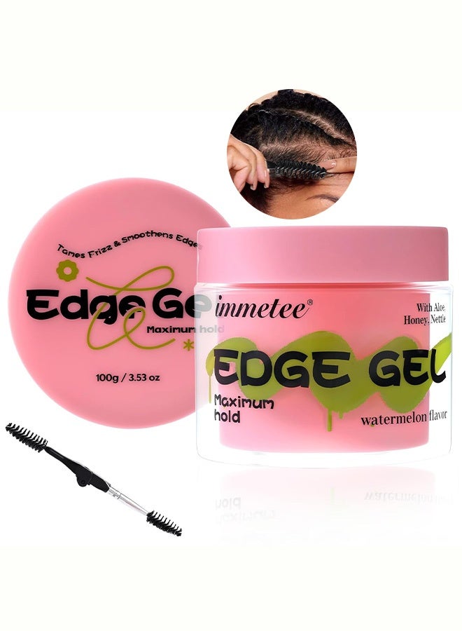 Immetee Edge Gel, Maximum Hold Edge Control for Taming Frizz & Smoothing Baby Hairs, Watermelon Flavor with Aloe Vera, Honey & Nettle, Non-Flaking Edge Styling Gel with Dual-Sided Brush 100g - Image 1