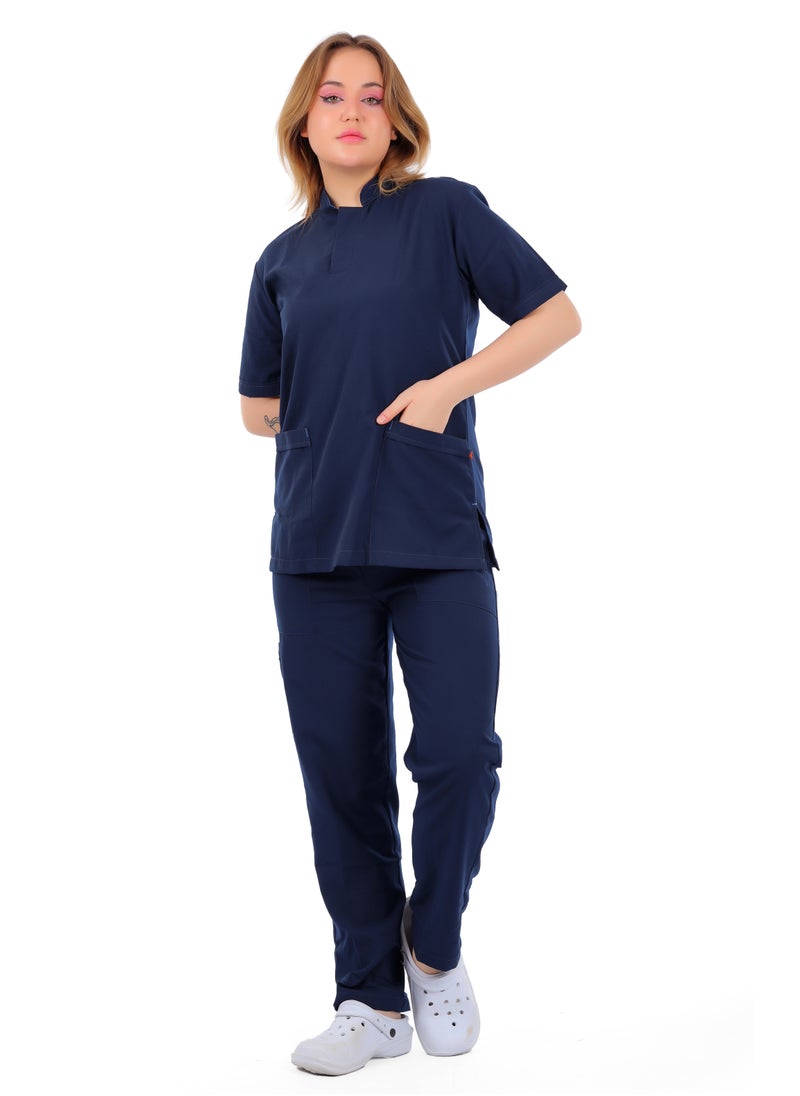 APEX Royal Scrub 1/2 Sleeve Female Dark Blue LIN Press button  - Image 1