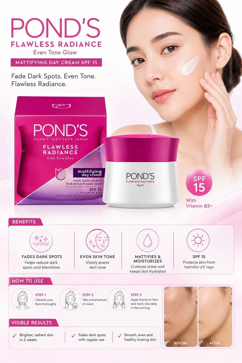 Pond's Flawless Radiance Even Tone Glow Mattifying Day Cream SPF15 - 50g - Image 2
