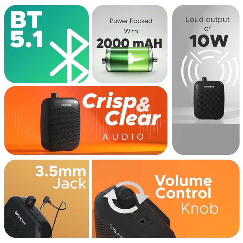 DIGIMORE مضخم صوت للمعلمين مع بلوتوث | 10 ساعات بطارية | ميكروفون سماعة سلكية مع مكبر صوت 10 واط للمرشدين السياحيين، اليوغا، مساعد تدريس في الفصول الدراسية للمدارس والجامعات (D-1200) - Image 2