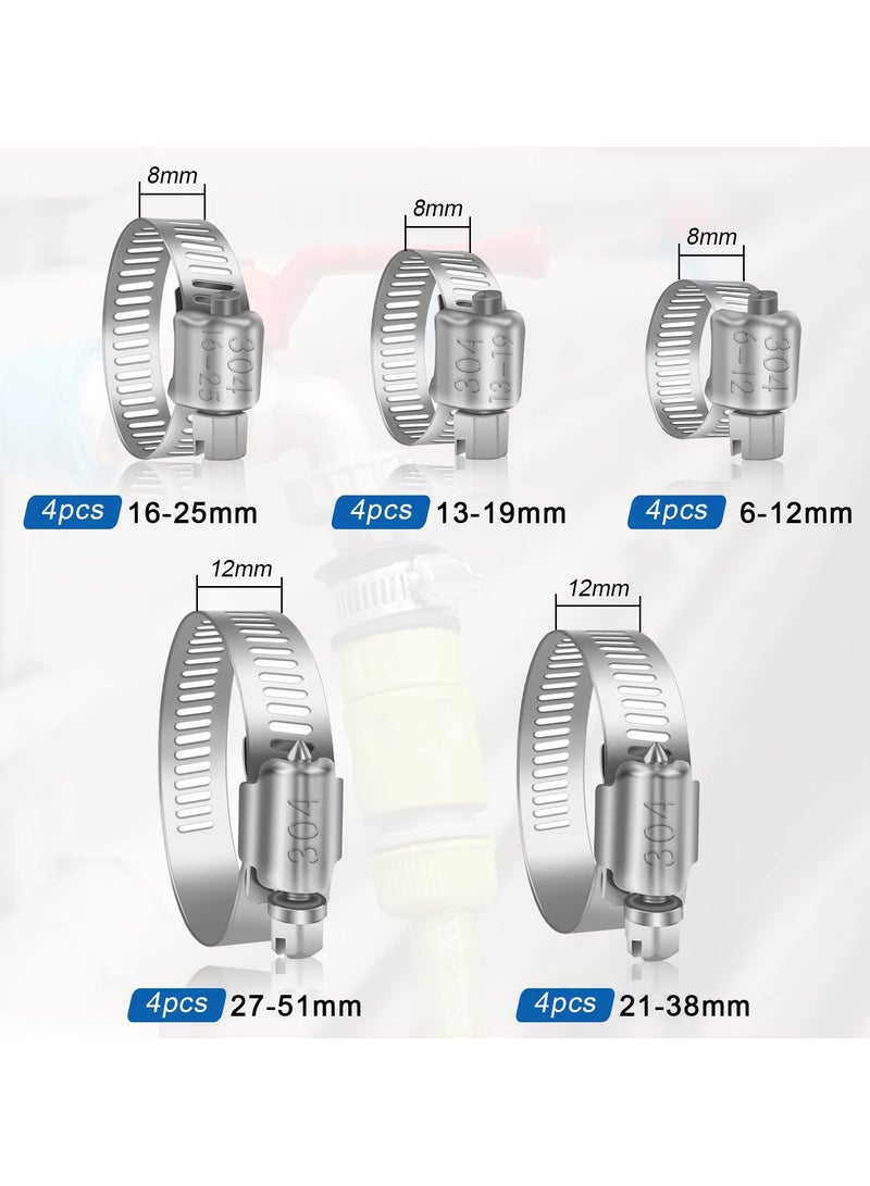 SANMUGEED 20 Pcs Hose Clips Set, Adjustable 6-51mm Range Hose Clamps 304 Stainless Steel Clips Hose Assorted, Pipe Clamps Hose Pipe Clips Small (6-12mm, 13-19mm, 16-25mm, 21-38mm, 27-51mm) - Image 5