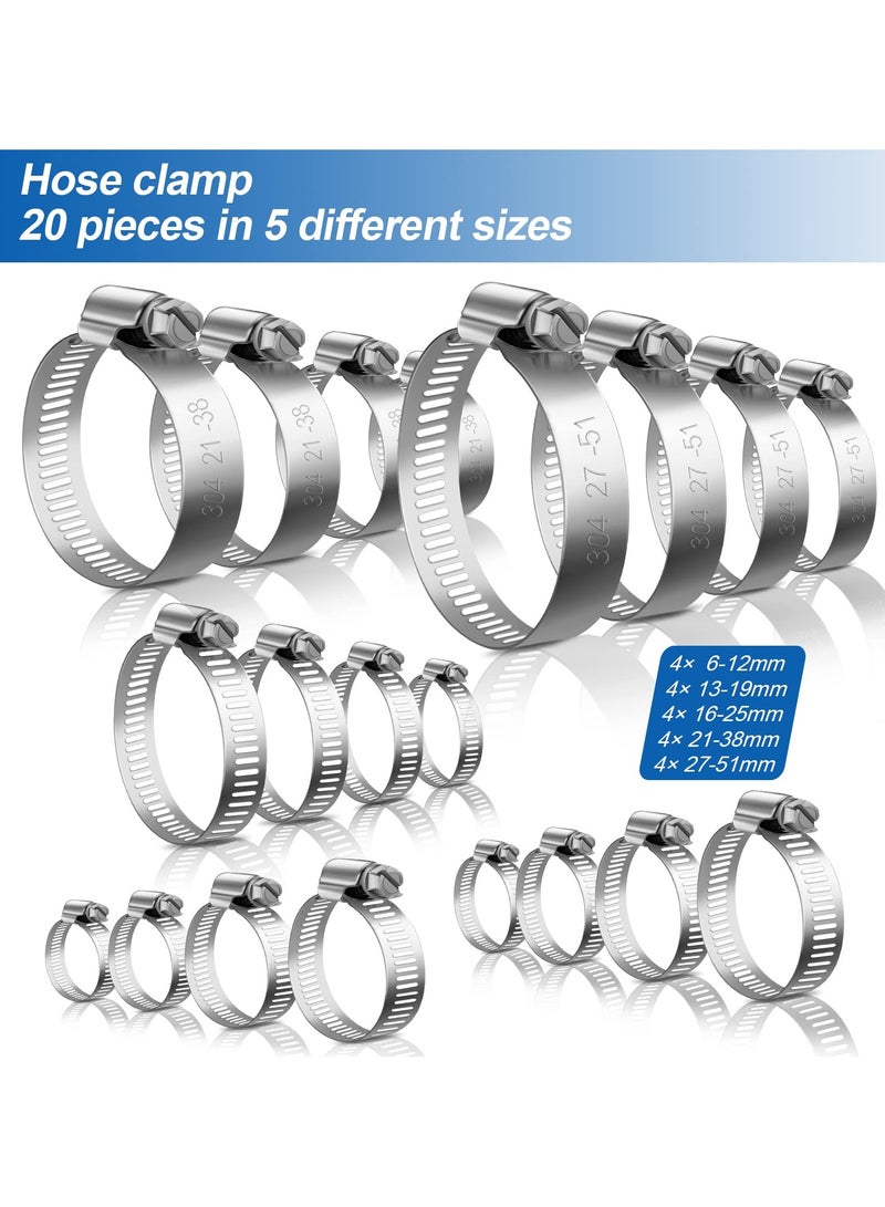 SANMUGEED 20 Pcs Hose Clips Set, Adjustable 6-51mm Range Hose Clamps 304 Stainless Steel Clips Hose Assorted, Pipe Clamps Hose Pipe Clips Small (6-12mm, 13-19mm, 16-25mm, 21-38mm, 27-51mm) - Image 4