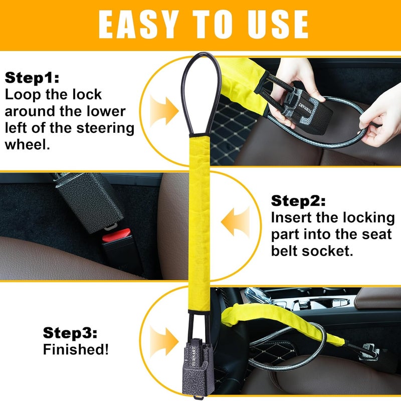 Turnart Steering Wheel Lock - Universal Fit for Cars, Trucks, SUVs, and Vans with 3 Keys (Yellow/Black) - Image 5