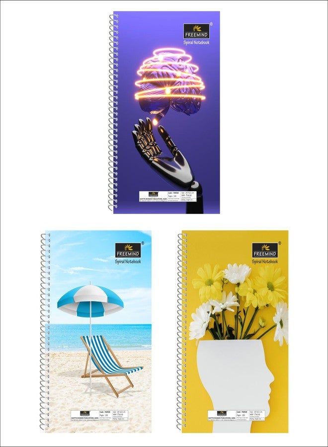 Freemind Spiral Single Line Notebooks, Pack of 6 - Futuristic Brain Design, Beach Scene, and Floral Pattern - Image 2