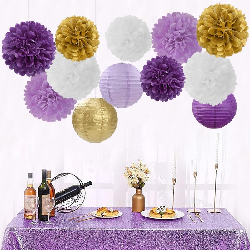 Hugfond Purple White-Gold Party-Decorations Paper Flowers Lanterns - 15PCS Graduation Lavender Tissue Pom Poms Streamers Wedding Birthday Bachelorette Baby Shower Classroom Hanging Supplies Decor Hugfond - Image 2
