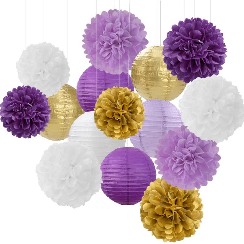 Hugfond Purple White-Gold Party-Decorations Paper Flowers Lanterns - 15PCS Graduation Lavender Tissue Pom Poms Streamers Wedding Birthday Bachelorette Baby Shower Classroom Hanging Supplies Decor Hugfond - Image 1