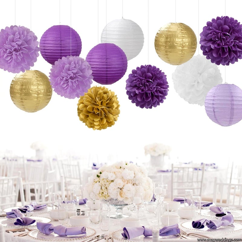 Hugfond Purple White-Gold Party-Decorations Paper Flowers Lanterns - 15PCS Graduation Lavender Tissue Pom Poms Streamers Wedding Birthday Bachelorette Baby Shower Classroom Hanging Supplies Decor Hugfond - Image 4