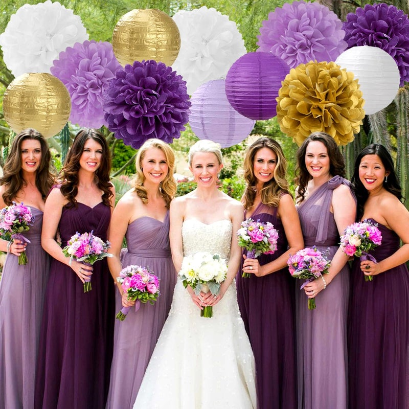 Hugfond Purple White-Gold Party-Decorations Paper Flowers Lanterns - 15PCS Graduation Lavender Tissue Pom Poms Streamers Wedding Birthday Bachelorette Baby Shower Classroom Hanging Supplies Decor Hugfond - Image 5