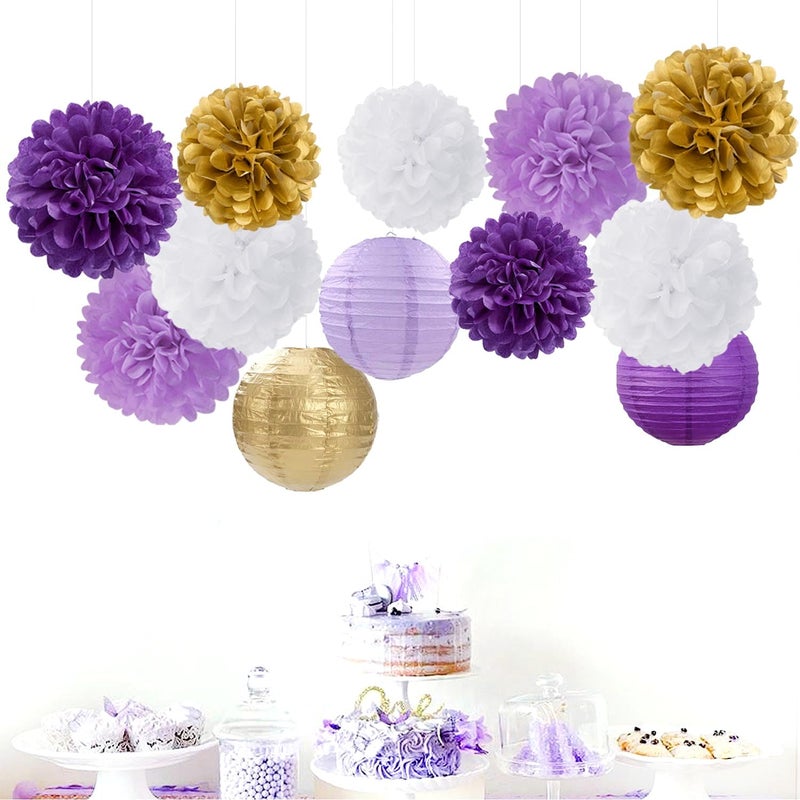 Hugfond Purple White-Gold Party-Decorations Paper Flowers Lanterns - 15PCS Graduation Lavender Tissue Pom Poms Streamers Wedding Birthday Bachelorette Baby Shower Classroom Hanging Supplies Decor Hugfond - Image 3