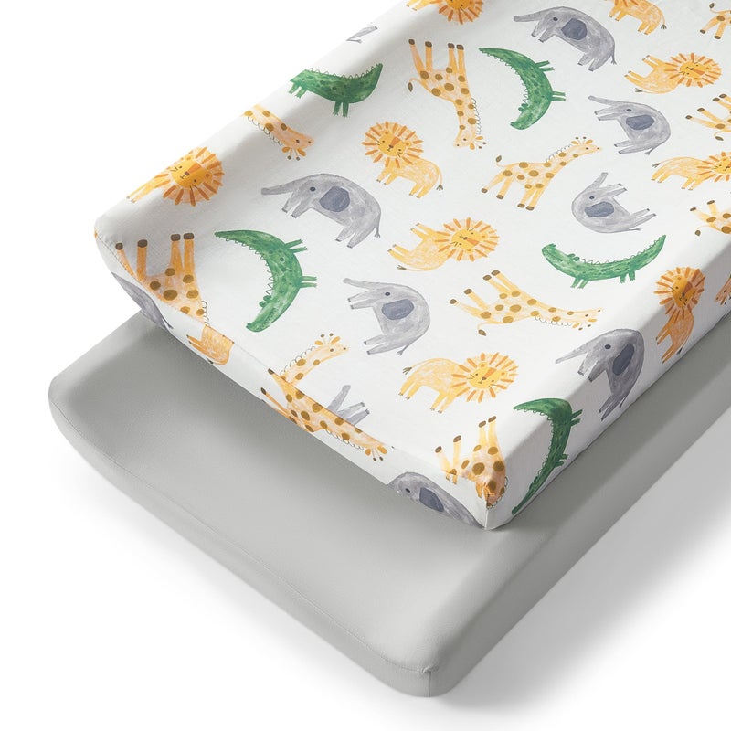 غطاء وسادة تغيير حفاضات TILLYOU غطاء طاولة تغيير للأطفال للبنات والأولاد ناعم للغاية وقابل للتنفس عبوة من 2 رمادي سافانا الأفريقي