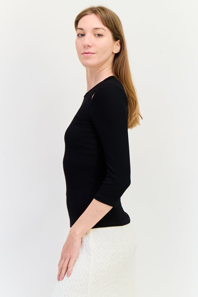 SALSA Women Round Neck Ribbed Long Sleeves Top, Black - Image 2