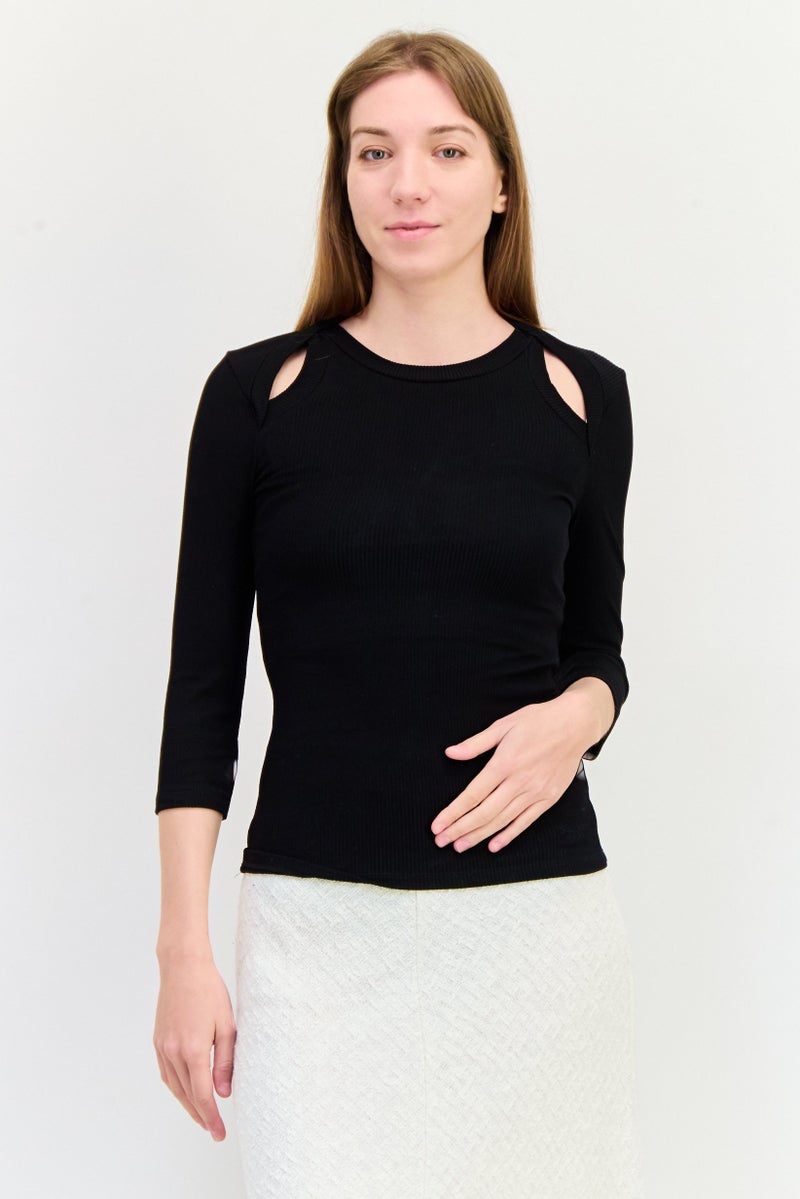 SALSA Women Round Neck Ribbed Long Sleeves Top, Black - Image 1