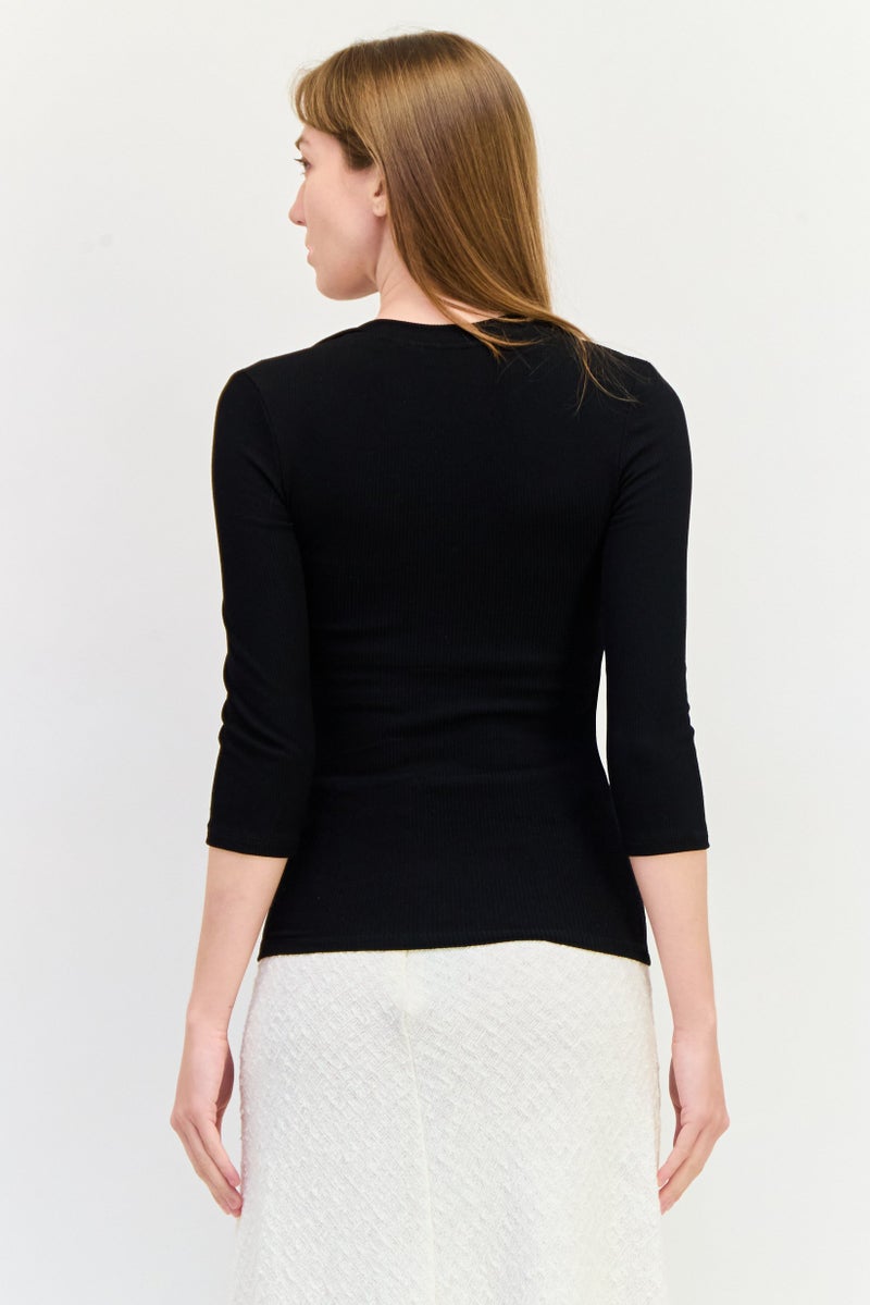 SALSA Women Round Neck Ribbed Long Sleeves Top, Black - Image 3