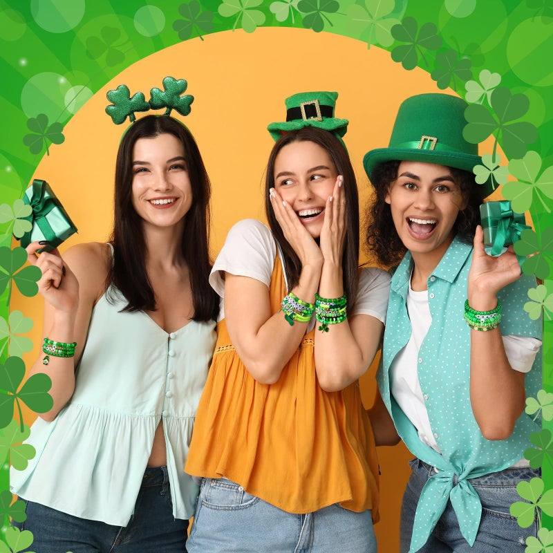Landical 64 Pieces St. Patrick's Day Bracelets Bulk Beaded Favor Irish Lucky Leaf Shamrock Bracelet Pack Green Stackable Friendship Jewelry for Gifts Goody Bag Fillers Party Supplies - Image 2