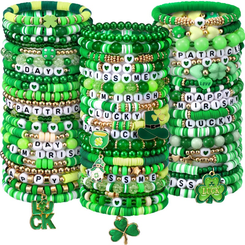 Landical 64 Pieces St. Patrick's Day Bracelets Bulk Beaded Favor Irish Lucky Leaf Shamrock Bracelet Pack Green Stackable Friendship Jewelry for Gifts Goody Bag Fillers Party Supplies - Image 1