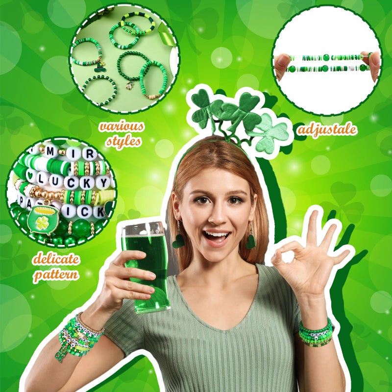 Landical 64 Pieces St. Patrick's Day Bracelets Bulk Beaded Favor Irish Lucky Leaf Shamrock Bracelet Pack Green Stackable Friendship Jewelry for Gifts Goody Bag Fillers Party Supplies - Image 4
