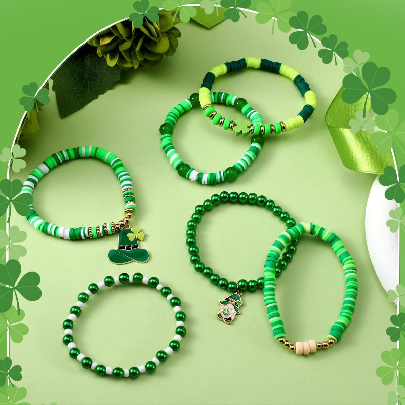 Landical 64 Pieces St. Patrick's Day Bracelets Bulk Beaded Favor Irish Lucky Leaf Shamrock Bracelet Pack Green Stackable Friendship Jewelry for Gifts Goody Bag Fillers Party Supplies - Image 5