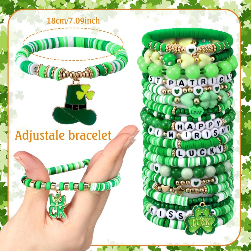 Landical 64 Pieces St. Patrick's Day Bracelets Bulk Beaded Favor Irish Lucky Leaf Shamrock Bracelet Pack Green Stackable Friendship Jewelry for Gifts Goody Bag Fillers Party Supplies - Image 3