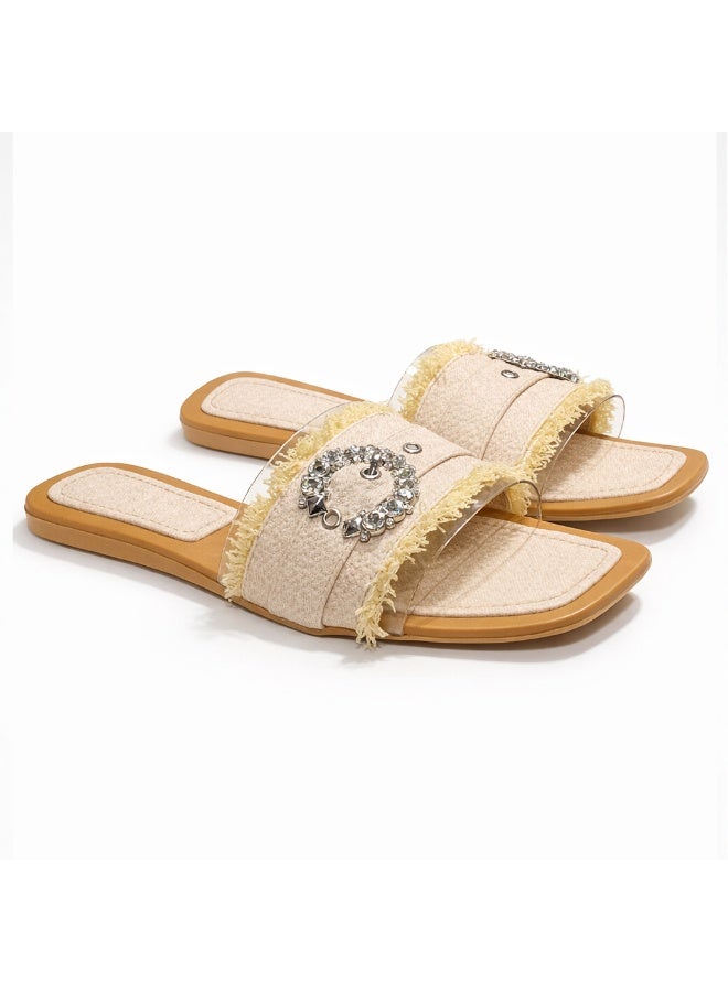 سليبر حريمي أنيق بحزام شفاف وتفاصيل كريستال صيفي مقدمة مربعة بنعل فلات مريح – تصميم عصري - Image 2