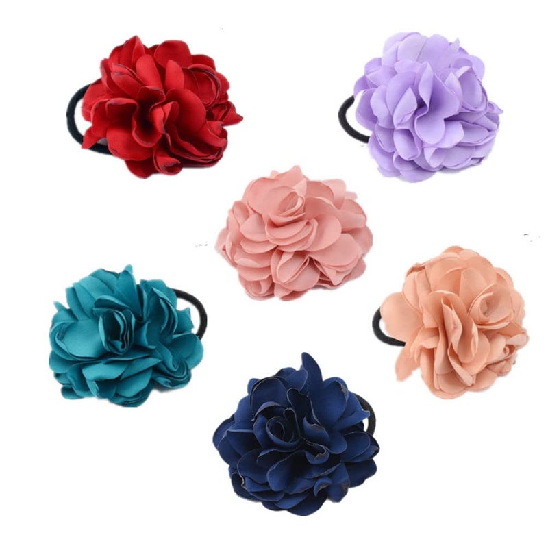 LOVEF Jewelry Women Girl 6pcsMixed Color Cloth Rose Flower Design Ponytail Holders Hair Tie Assorted Rope Rubber Bands Accessories