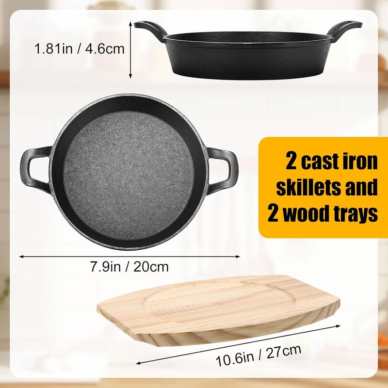 FoldTier 2 Set Mini Cast Iron Skillet Small Cast Iron Plates Skillet with Wooden Base Small Round Pan Heavy Duty Fajita Plate Pot for Baking Cooking for Kitchen Restaurant Barbecue(7.9 Inches) - Image 2