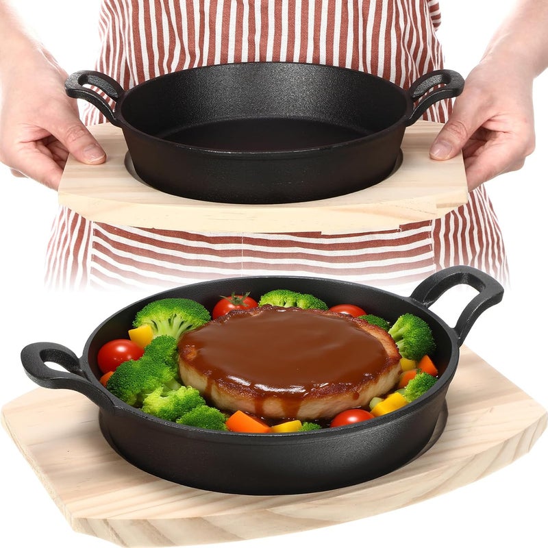 FoldTier 2 Set Mini Cast Iron Skillet Small Cast Iron Plates Skillet with Wooden Base Small Round Pan Heavy Duty Fajita Plate Pot for Baking Cooking for Kitchen Restaurant Barbecue(7.9 Inches) - Image 1