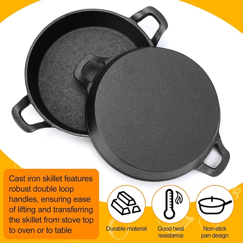 FoldTier 2 Set Mini Cast Iron Skillet Small Cast Iron Plates Skillet with Wooden Base Small Round Pan Heavy Duty Fajita Plate Pot for Baking Cooking for Kitchen Restaurant Barbecue(7.9 Inches) - Image 3