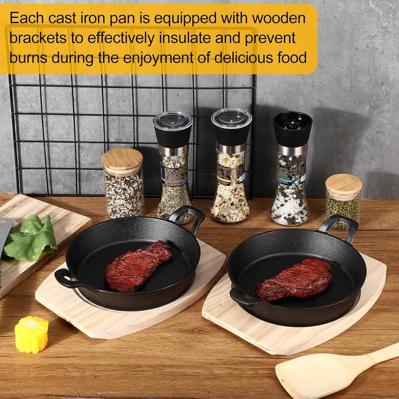 FoldTier 2 Set Mini Cast Iron Skillet Small Cast Iron Plates Skillet with Wooden Base Small Round Pan Heavy Duty Fajita Plate Pot for Baking Cooking for Kitchen Restaurant Barbecue(7.9 Inches) - Image 4