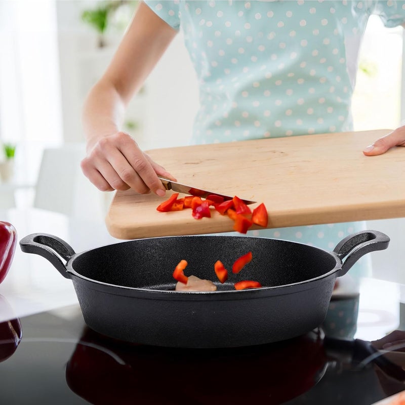 FoldTier 2 Set Mini Cast Iron Skillet Small Cast Iron Plates Skillet with Wooden Base Small Round Pan Heavy Duty Fajita Plate Pot for Baking Cooking for Kitchen Restaurant Barbecue(7.9 Inches) - Image 5