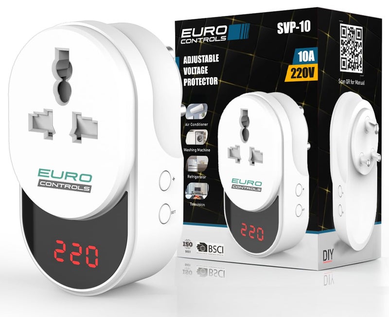 EuroControls Euro SVP-10 10 Amp Digital Adjustable Under/Over Voltage Protector & Spike Protector Socket Voltage Guard with Display - Time Delay & India Compatible socket & Plug with auto recovery - Image 1