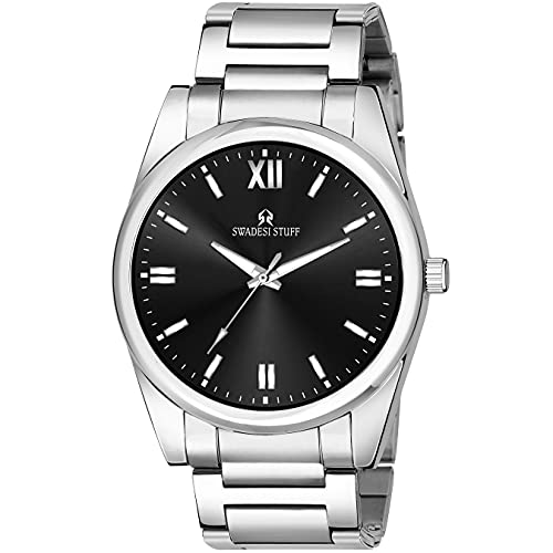 SWADESI STUFF Black Dial Silver Stainless Steel Strap Classy and Luxury Analog Watch for Men - Image 1