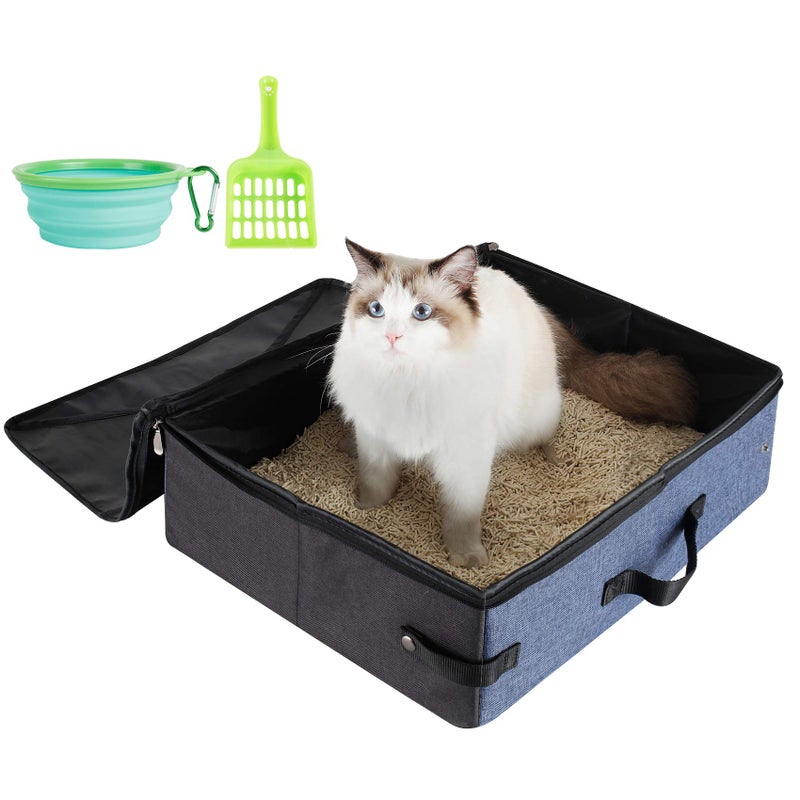 HiCaptain Portable Litter Box for Cats for Travel Flodable Cat Travel Litter Box with Lid and Handle Standard Collapsible Litter Carrier for Cat LBlackBlue