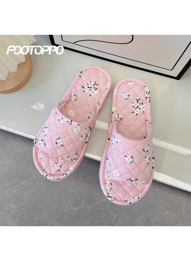 Footoppo Fabric Korean-style Slide Sandals For Women, Bedroom Soft-soled Silent Wooden Floor Cloth-bottom Slippers, Ladies' Home Cotton Slippers - Image 1