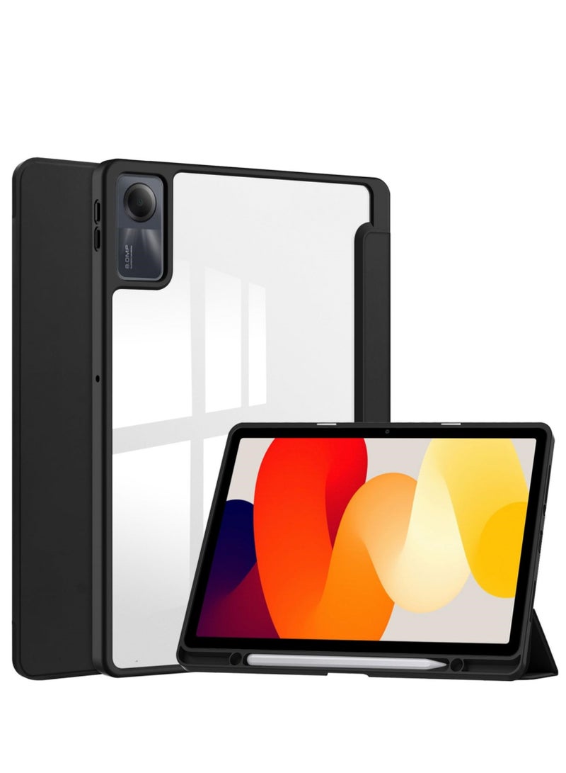 Case For Xiaomi Redmi Pad SE 11.0 Inch Released 2023 Smart Slim Folio Stand Auto Sleep/Wake Cover with Pencil Slot Clear Transparent Back Shell (Black) - Image 1