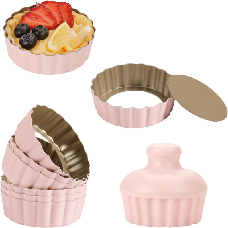 LIFVCNT 1 Inch Deep Mini Tart Pan Set, 6PCS 3.6 Inch Tart Pans with Removable Bottom and Tart Tamper, Nonstick & Durable Bakeware, Ideal for Mini Pies, Tarts, Quiches, Cheesecakes, (Pink) - Image 1