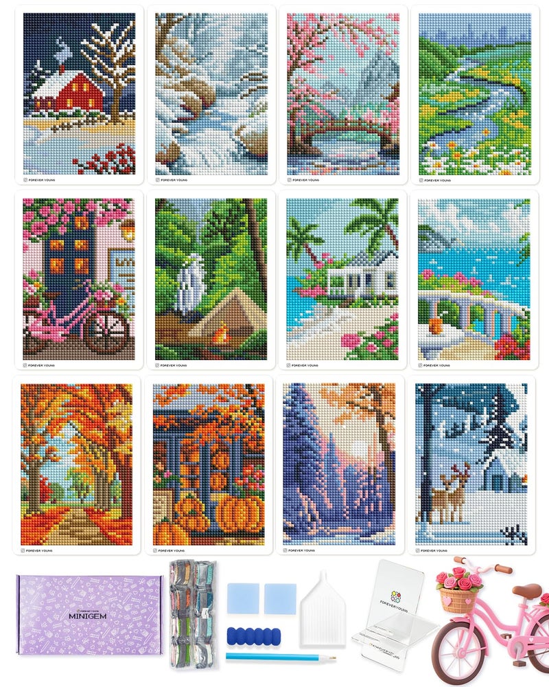 Forever young Foreveryoung Minigem Small Diamond Art Kits for Beginners 12Pcs Square Drill Diamond Painting Kits for Adults 3Hour Painting PostcardStyle Mini Diamond Art Kits for Adults 5x7 Inch Twelve Months - Image 2