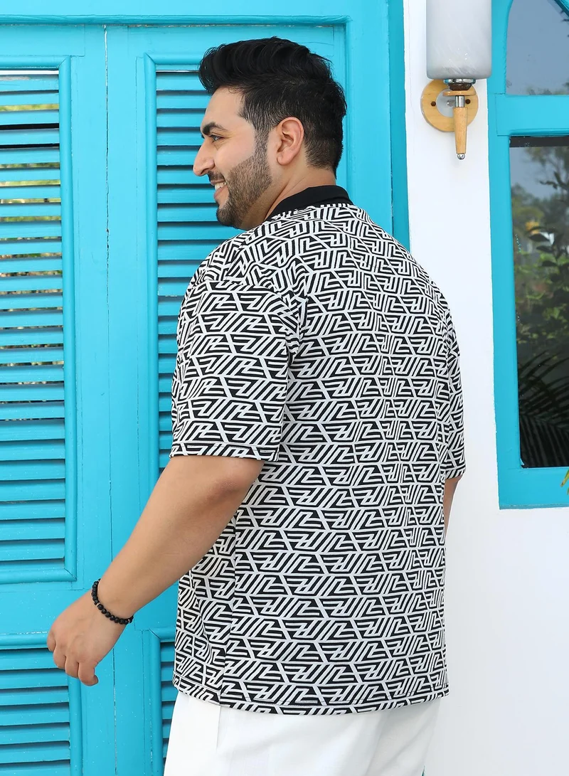 Instafab Plus  Instafab Plus Men's Black & White Angleline-Imprint Cuban-Polo Shirt For Casual Wear | Polo Neck | Short Sleeves | Button Closure | Plus Size Shirt Crafted With Comfort Fit For Everyday Wear for Men | Best Price UAE