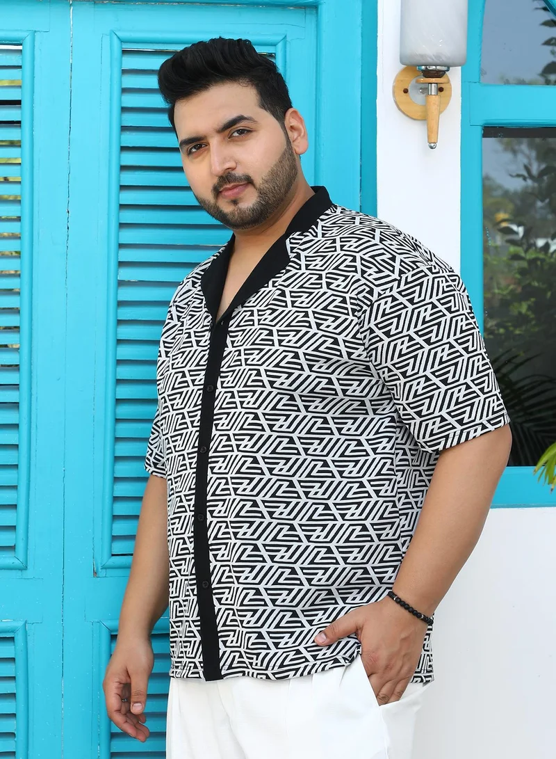 Instafab Plus  Instafab Plus Men's Black & White Angleline-Imprint Cuban-Polo Shirt For Casual Wear | Polo Neck | Short Sleeves | Button Closure | Plus Size Shirt Crafted With Comfort Fit For Everyday Wear for Men | Best Price UAE