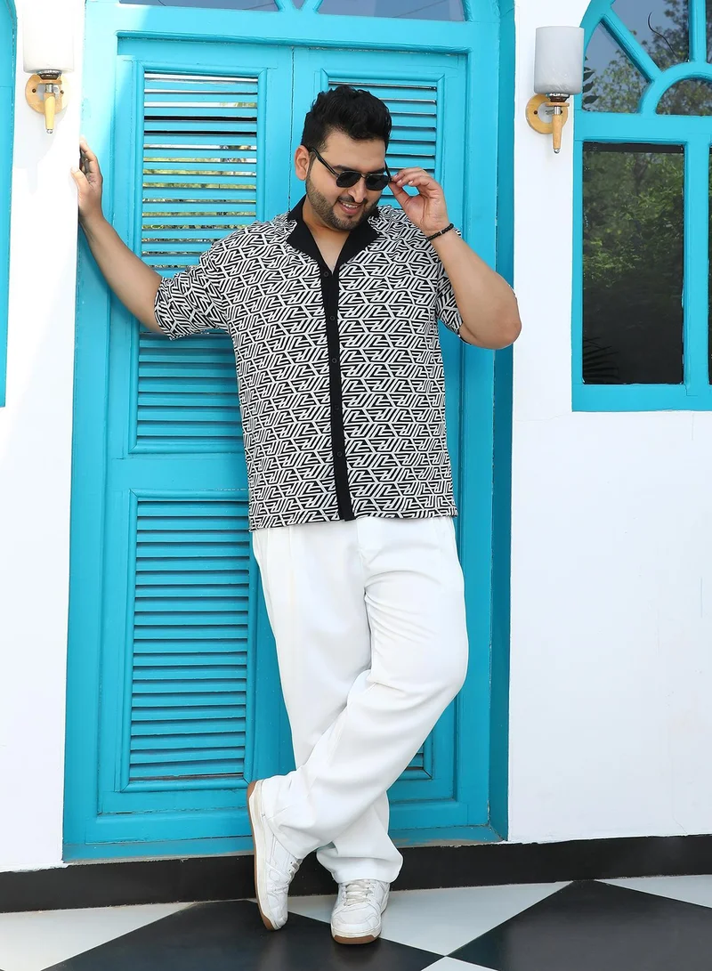 Instafab Plus  Instafab Plus Men's Black & White Angleline-Imprint Cuban-Polo Shirt For Casual Wear | Polo Neck | Short Sleeves | Button Closure | Plus Size Shirt Crafted With Comfort Fit For Everyday Wear for Men | Best Price UAE