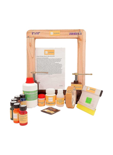 sumikrafts Screen Printing kit for Beginners 6 Assorted Pigment DyesDouble Hinge Table Clamps Screen Printing Wooden Frame Small 8x10 preStretched mesh no 16Option 5
