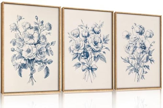 KAIRNE Navy Blue Floral Framed Canvas Wall Art Set,Vintage Botanical Flower Wall Decor,Modern Minimalist Bouquet Art Prints,Neutral Rose Artwork for Living Room,Bedroom,Farmhouse,Office-16 x24 x3 - Image 1
