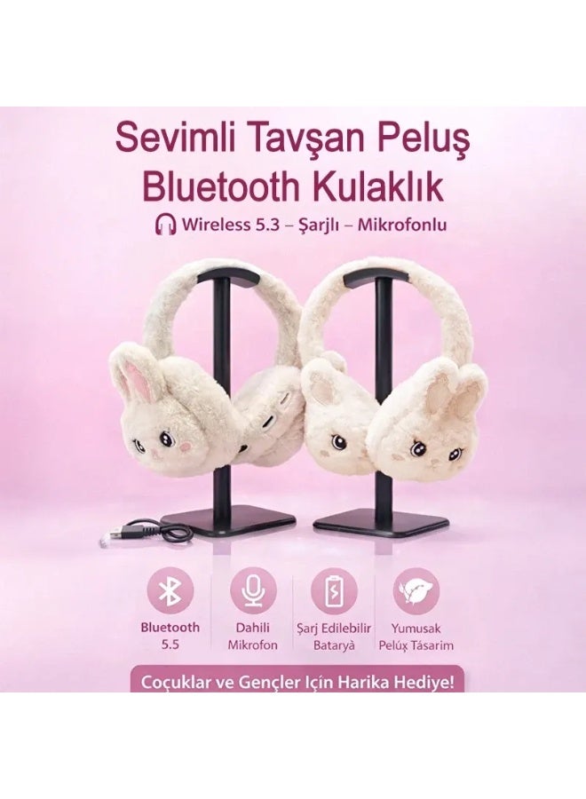 Wireless Bluetooth 5.3 Plush Rabbit Over-Ear Headset with Microphone, Model WBK861, Cream - Image 4