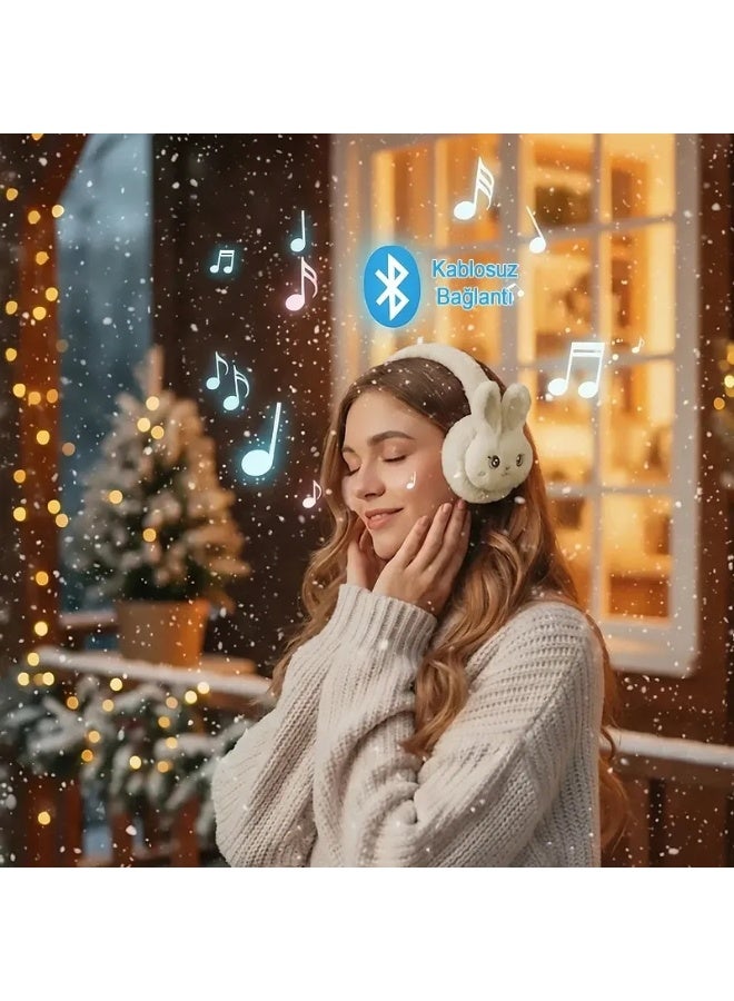 Wireless Bluetooth 5.3 Plush Rabbit Over-Ear Headset with Microphone, Model WBK861, Cream - Image 2