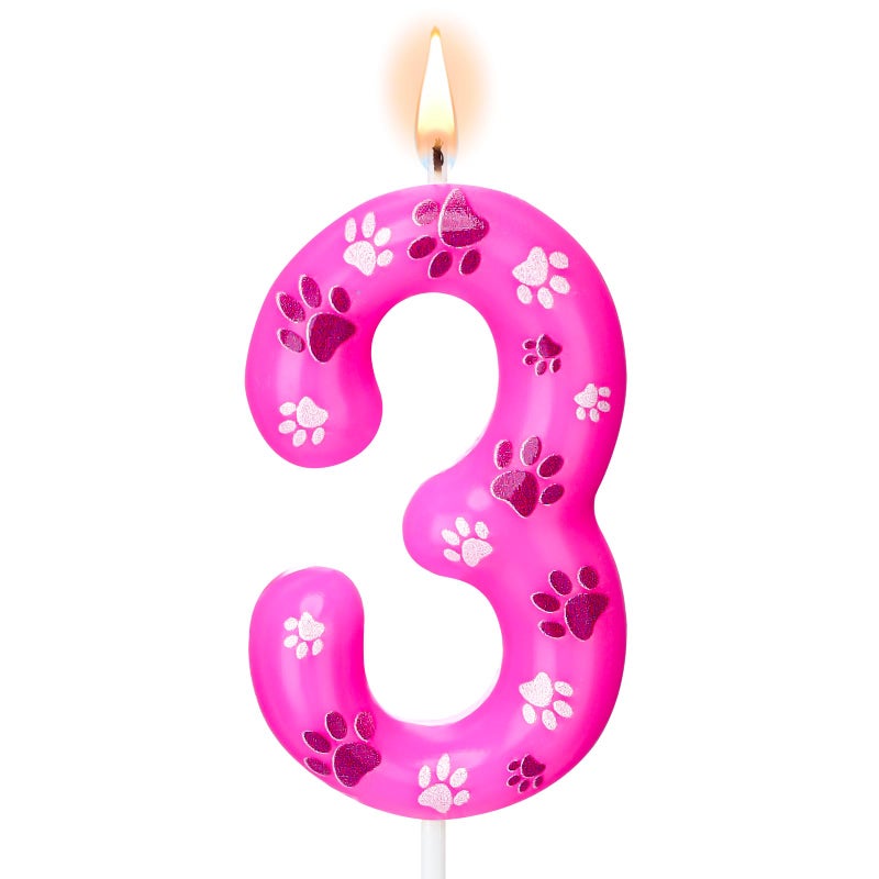 Conelist Pink Purple Dog Paw Birthday Candles Dog Paw Toppers Candles Dog Paw Print Themed Numeral Birthday Cake Topper for Kids Girl Birthday Decoration Paw Pet Puppy Cat Party Supplies (Number 3) - Image 1