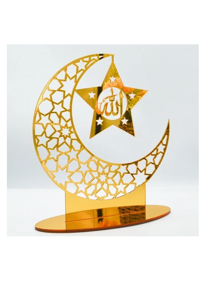 إي وورلد زخرفة مائدة رمضان الأكريليكية الرائعة للمنزل: حرف فني خفيف الوزن إسلامي يتميز بخط الله الأنيق، أكسسوارات هلال مثالية للحفلات الإسلامية، مشعة باللون الذهبي. - Image 4