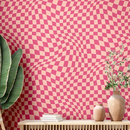 Dunzoom 1575x118 Checkered Peel and Stick Wallpaper Aesthetic Removable Contact Paper Preppy Wallpaper Decorative Checkerboard Decor for CabinetsRose Red - Image 1