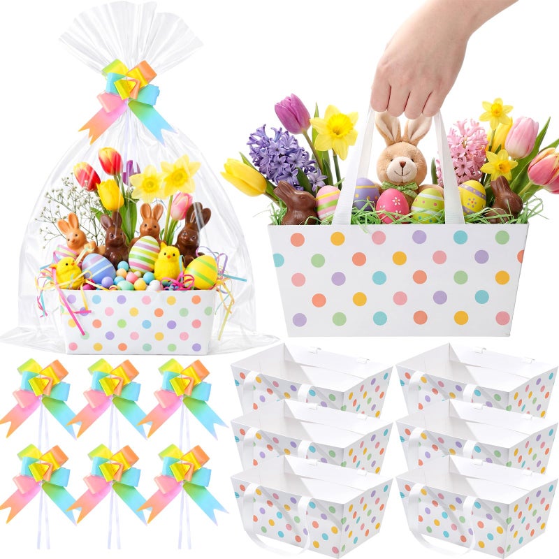 Funnymoom 6 Pack Polka Dots Easter Basket for Gifts Empty with Cellophane Bag Pull Bows Pastel Dots Basket Easter Gift Box for Spring Picnic Pastel Wedding Birthday Party Favors, 9.8 x 6.5 Inch - Image 1