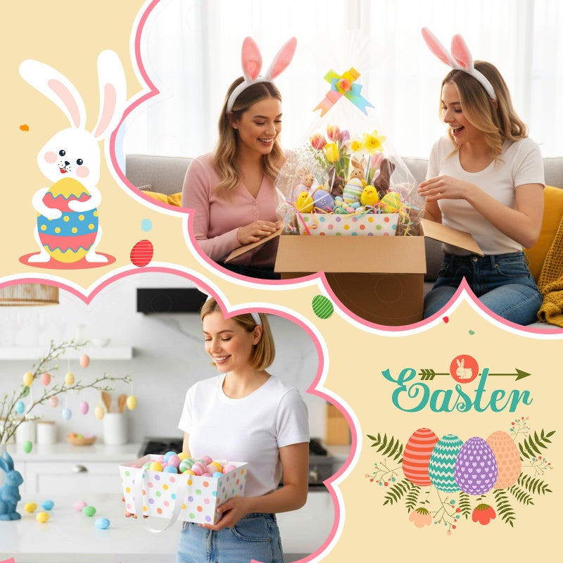 Funnymoom 6 Pack Polka Dots Easter Basket for Gifts Empty with Cellophane Bag Pull Bows Pastel Dots Basket Easter Gift Box for Spring Picnic Pastel Wedding Birthday Party Favors, 9.8 x 6.5 Inch - Image 2