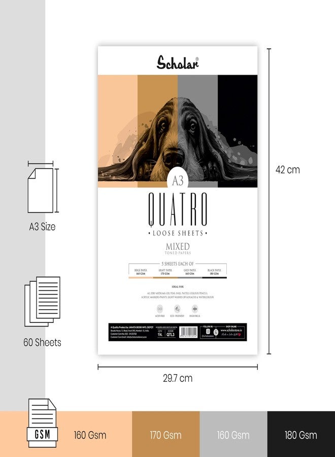 Scholar Quatro Mixed Toned Paper - Loose Drawing Sheets | Beige, Grey, Kraft & Black Papers (160 to180 GSM) | Premium Artist Paper for Sketching, Shading, Highlights & Mixed Media (5 Sheets Each gsm) (A4) (Pack of 2) - Image 3