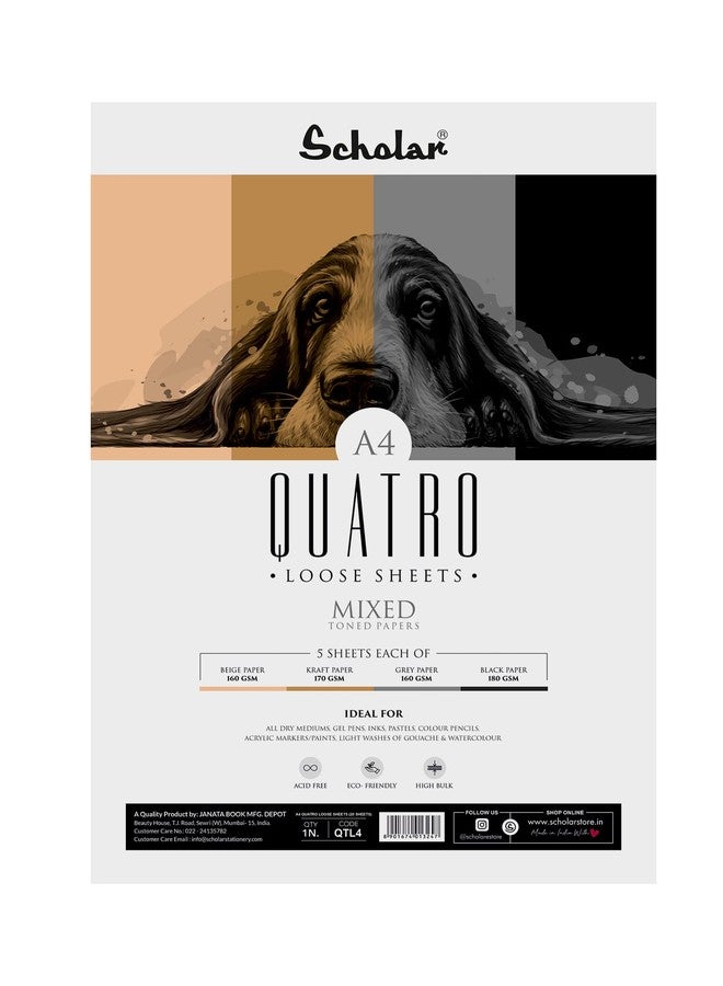 Scholar Quatro Mixed Toned Paper - Loose Drawing Sheets | Beige, Grey, Kraft & Black Papers (160 to180 GSM) | Premium Artist Paper for Sketching, Shading, Highlights & Mixed Media (5 Sheets Each gsm) (A4) (Pack of 2) - Image 1
